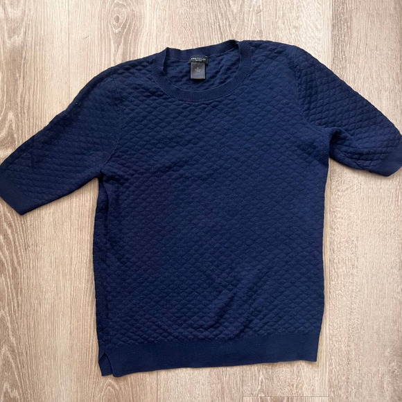 Ann Taylor Small Navy Knit Short Sleeve Knit Sweater Shirt - Picture 1 of 8